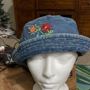 No Boundaries Blue Denim Bucket Hat with Floral Embroidery
